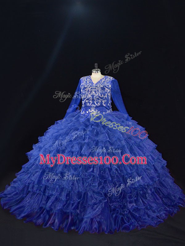 Eye-catching Royal Blue V-neck Neckline Beading and Ruffled Layers Quinceanera Dresses Long Sleeves Lace Up