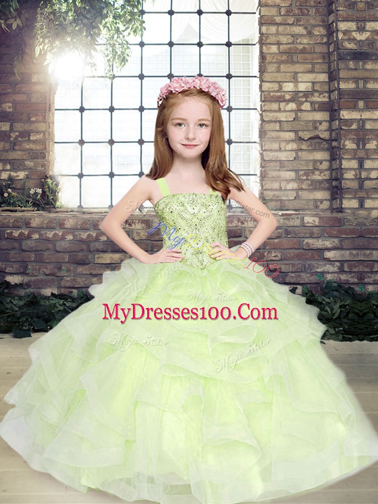 On Sale Straps Sleeveless Pageant Gowns For Girls Floor Length Beading Yellow Green Tulle