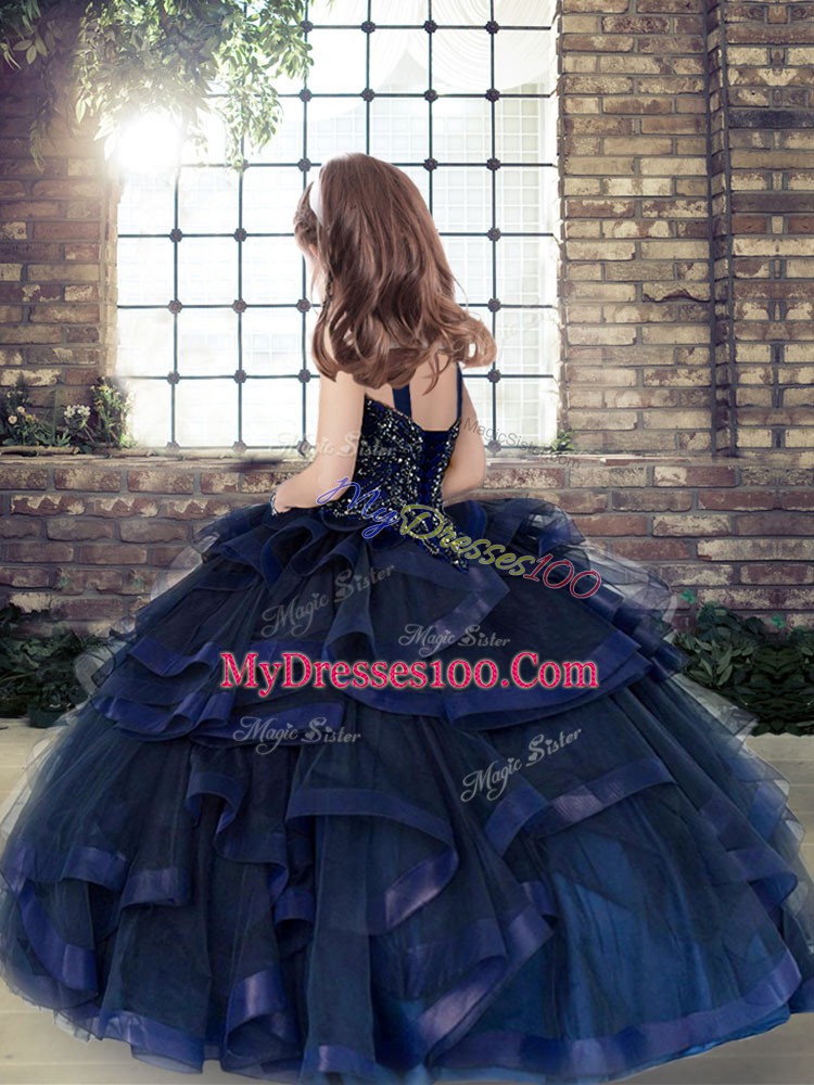 On Sale Straps Sleeveless Pageant Gowns For Girls Floor Length Beading Yellow Green Tulle