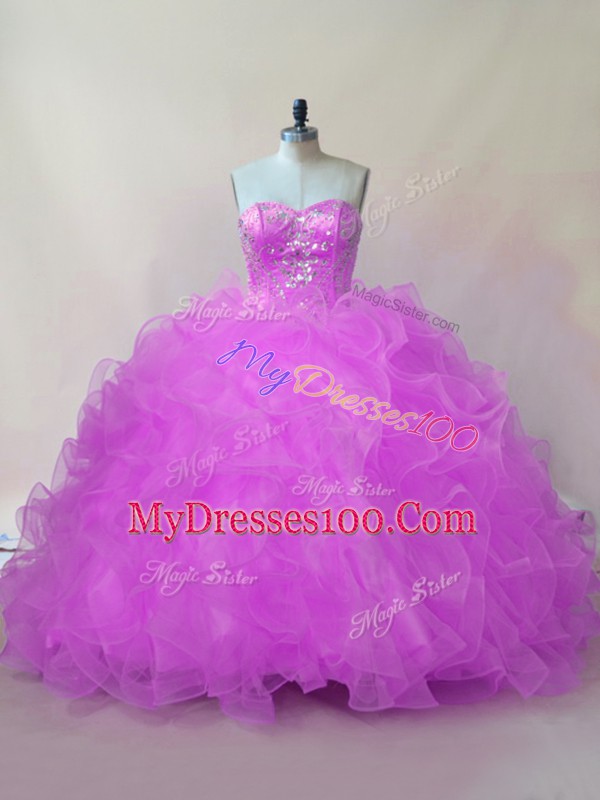 Fancy Beading and Ruffles Sweet 16 Dress Lilac Lace Up Sleeveless Floor Length
