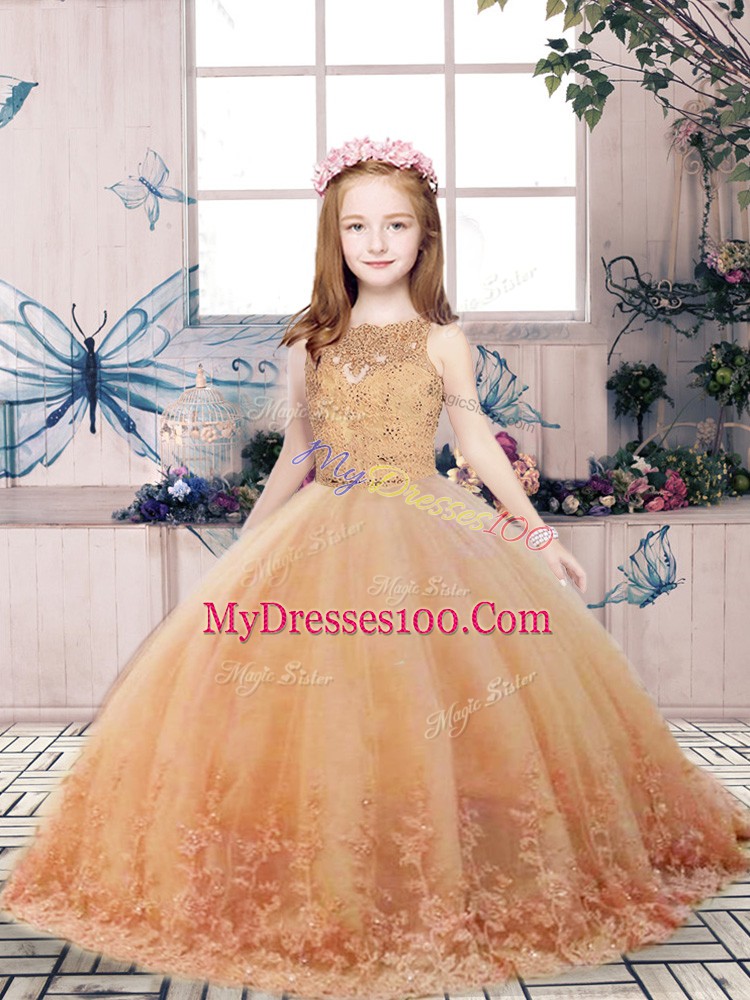 Gold Scoop Neckline Lace and Appliques Kids Formal Wear Sleeveless Backless