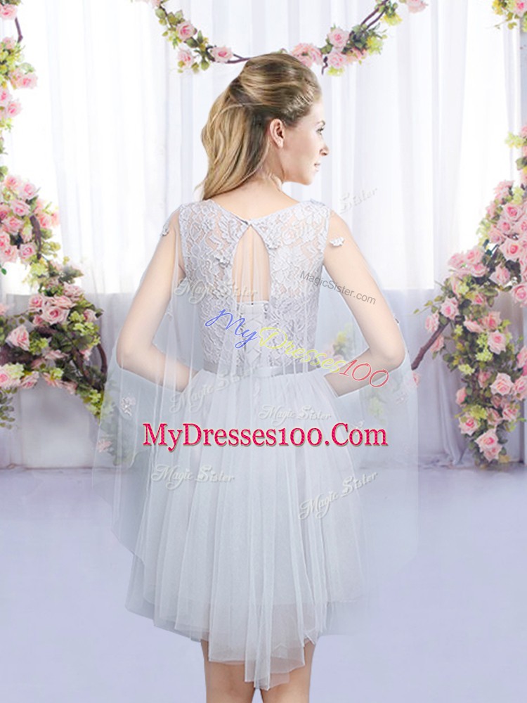 Grey Tulle Lace Up Bridesmaid Gown Sleeveless Mini Length Lace and Belt