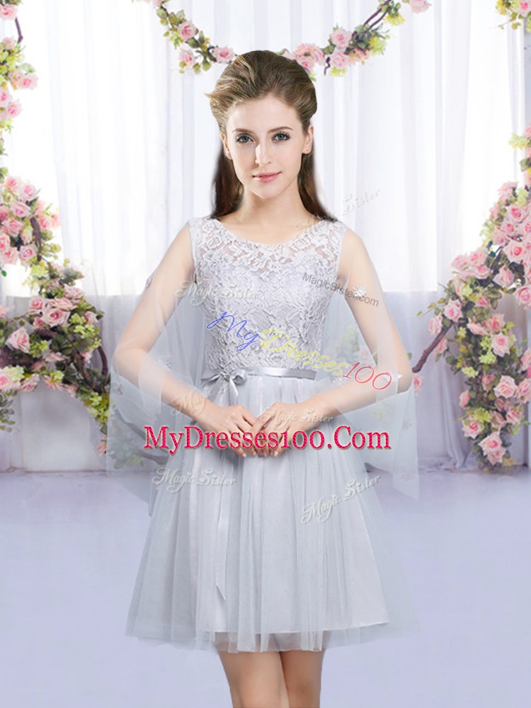 Grey Tulle Lace Up Bridesmaid Gown Sleeveless Mini Length Lace and Belt