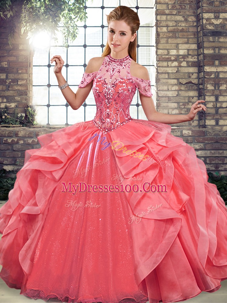 Wonderful Halter Top Sleeveless Sweet 16 Dresses Floor Length Beading and Ruffles Watermelon Red Organza