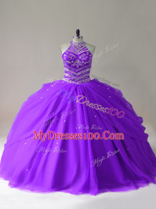 Fantastic Purple Quinceanera Dresses Sweet 16 and Quinceanera with Beading Halter Top Sleeveless Lace Up