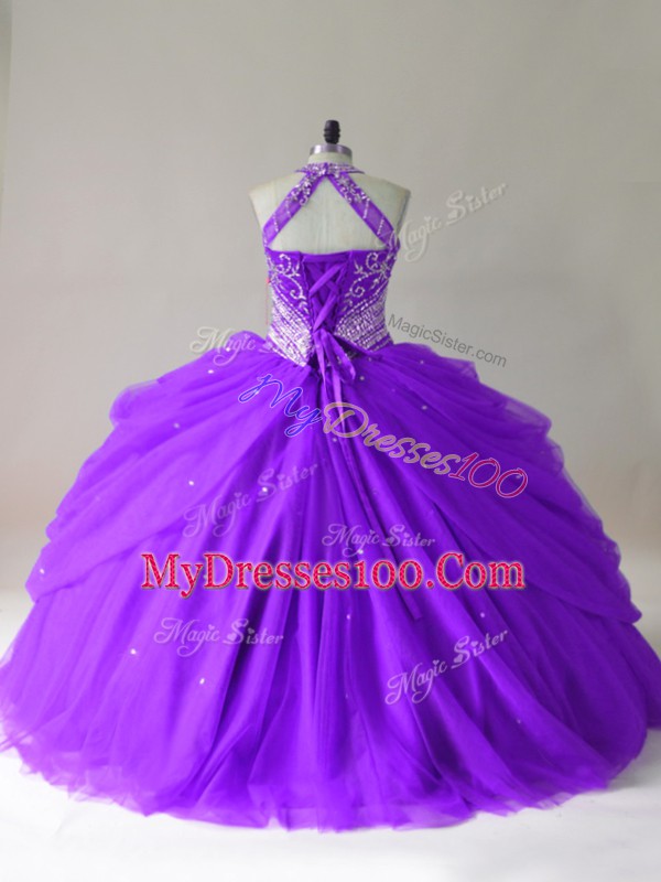 Fantastic Purple Quinceanera Dresses Sweet 16 and Quinceanera with Beading Halter Top Sleeveless Lace Up