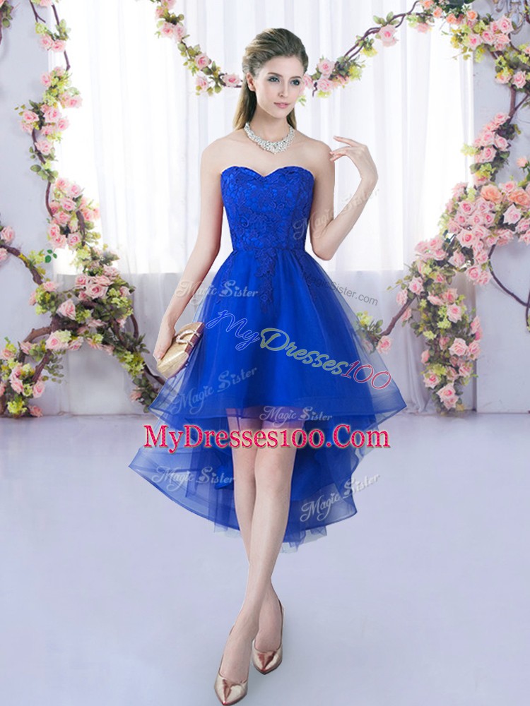 Royal Blue A-line Tulle Sweetheart Sleeveless Lace High Low Lace Up Bridesmaid Gown