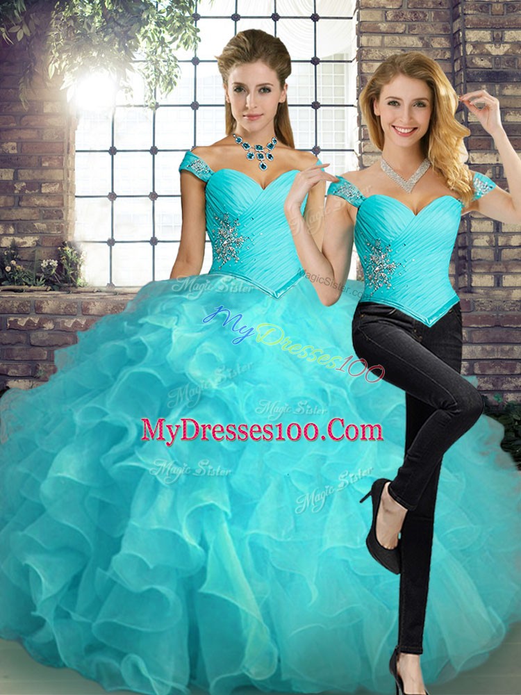 Beading and Ruffles Quinceanera Gown Aqua Blue Lace Up Sleeveless Floor Length