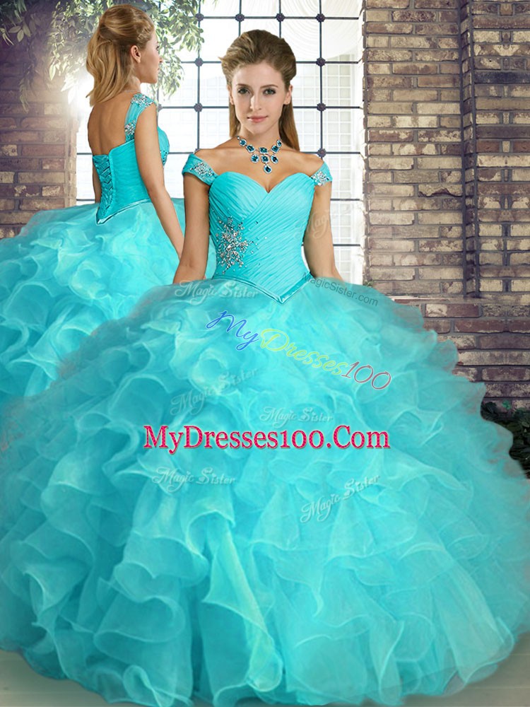 Beading and Ruffles Quinceanera Gown Aqua Blue Lace Up Sleeveless Floor Length