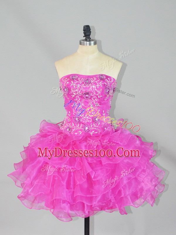 Noble Sleeveless Organza Mini Length Lace Up Homecoming Dress in Fuchsia with Beading and Ruffles
