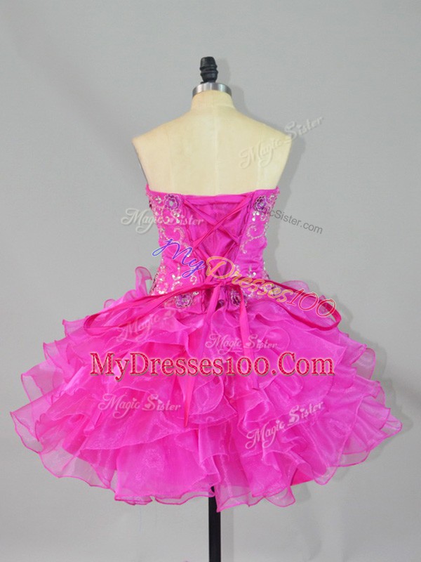 Noble Sleeveless Organza Mini Length Lace Up Homecoming Dress in Fuchsia with Beading and Ruffles