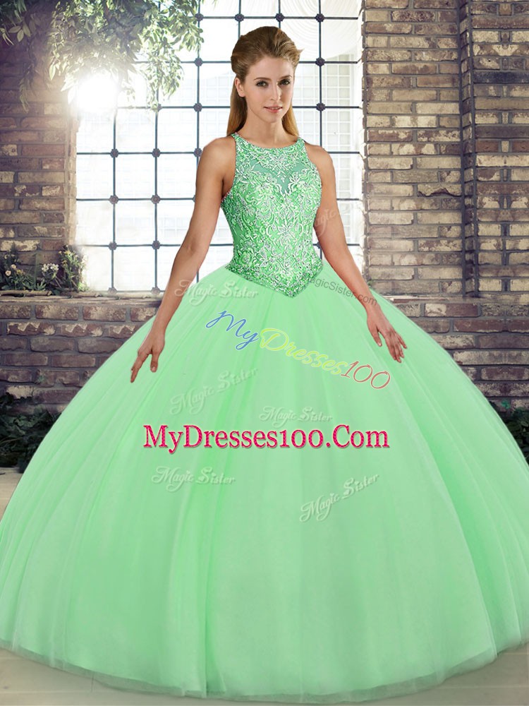 Popular Green Ball Gowns Embroidery Quinceanera Gowns Lace Up Tulle Sleeveless Floor Length