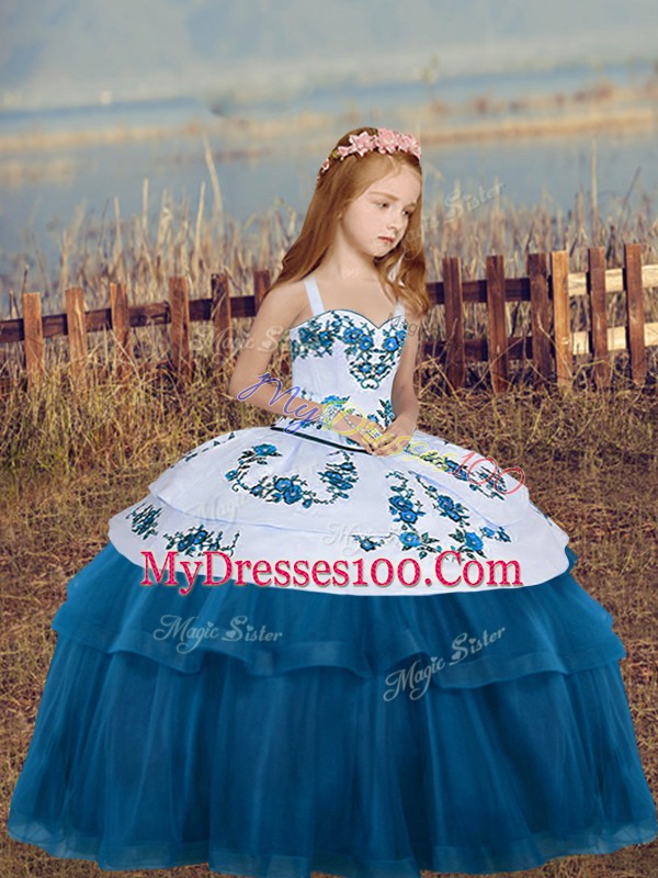 Eye-catching Floor Length Lace Up Little Girl Pageant Gowns Blue for Party and Wedding Party with Embroidery
