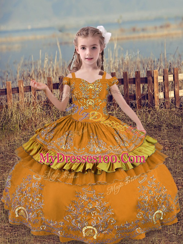 Luxurious Brown Lace Up Off The Shoulder Beading and Embroidery Little Girls Pageant Gowns Satin Sleeveless