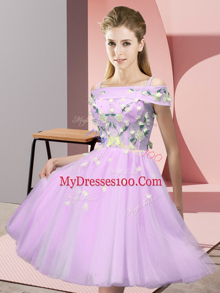 Super Lilac Off The Shoulder Neckline Appliques Wedding Guest Dresses Short Sleeves Lace Up