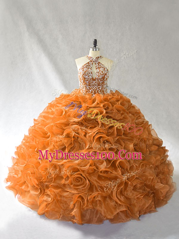 Orange and Brown Sleeveless Organza Brush Train Lace Up Quinceanera Gown for Sweet 16 and Quinceanera