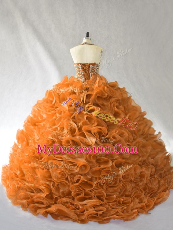 Orange and Brown Sleeveless Organza Brush Train Lace Up Quinceanera Gown for Sweet 16 and Quinceanera