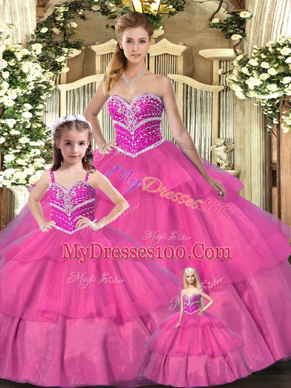 Flirting Ball Gowns Quinceanera Dress Hot Pink Sweetheart Organza Sleeveless Floor Length Lace Up