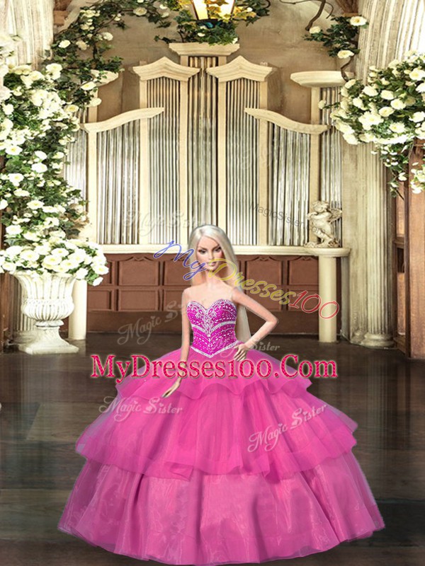 Flirting Ball Gowns Quinceanera Dress Hot Pink Sweetheart Organza Sleeveless Floor Length Lace Up