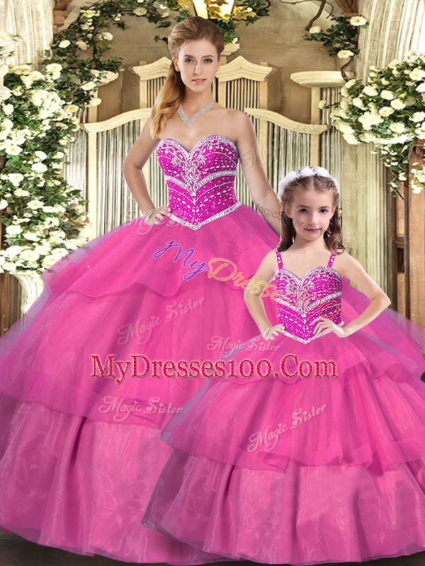 Flirting Ball Gowns Quinceanera Dress Hot Pink Sweetheart Organza Sleeveless Floor Length Lace Up