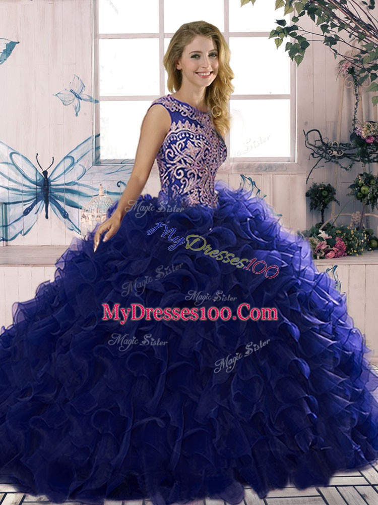 Purple Quinceanera Dresses Military Ball and Sweet 16 and Quinceanera with Beading and Ruffles Scoop Sleeveless Lace Up