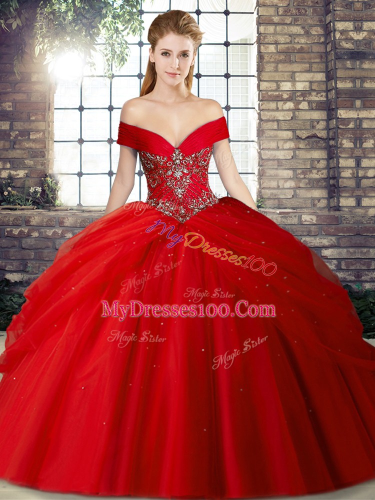 Sumptuous Red Quince Ball Gowns Off The Shoulder Sleeveless Brush Train Lace Up