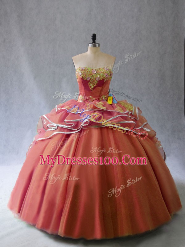 Rust Red Sleeveless Tulle Brush Train Lace Up Sweet 16 Dress for Sweet 16 and Quinceanera