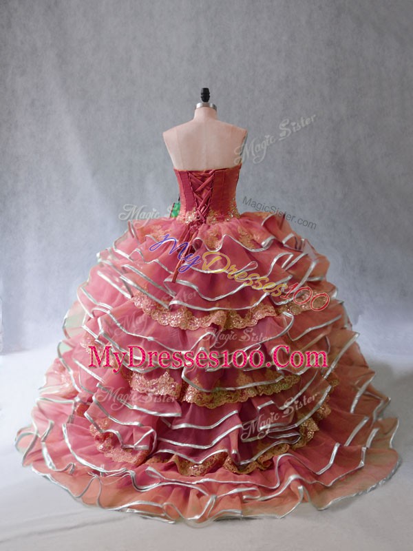 Rust Red Sleeveless Tulle Brush Train Lace Up Sweet 16 Dress for Sweet 16 and Quinceanera