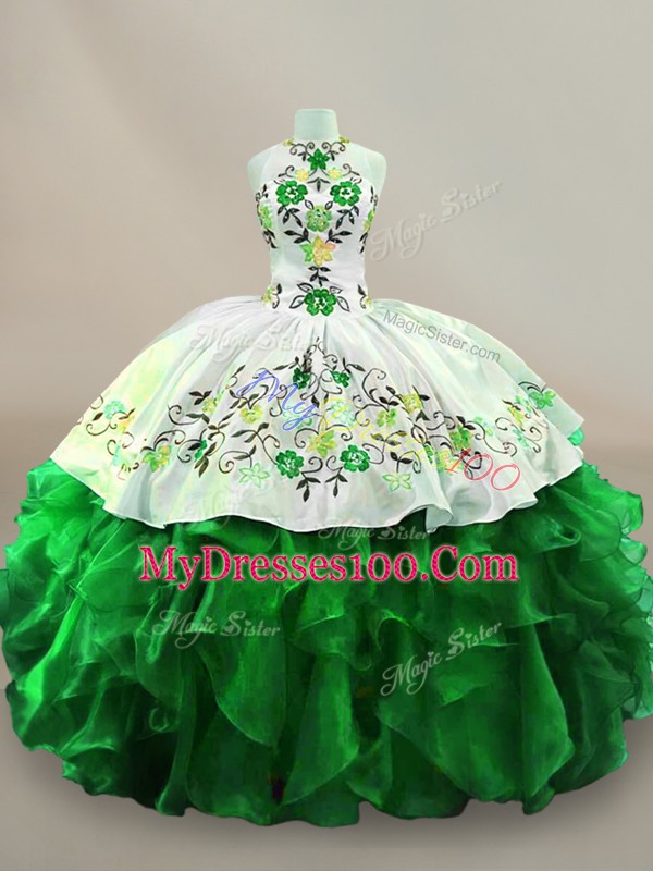 Customized Green Ball Gowns Embroidery and Ruffles Vestidos de Quinceanera Lace Up Organza Sleeveless Floor Length