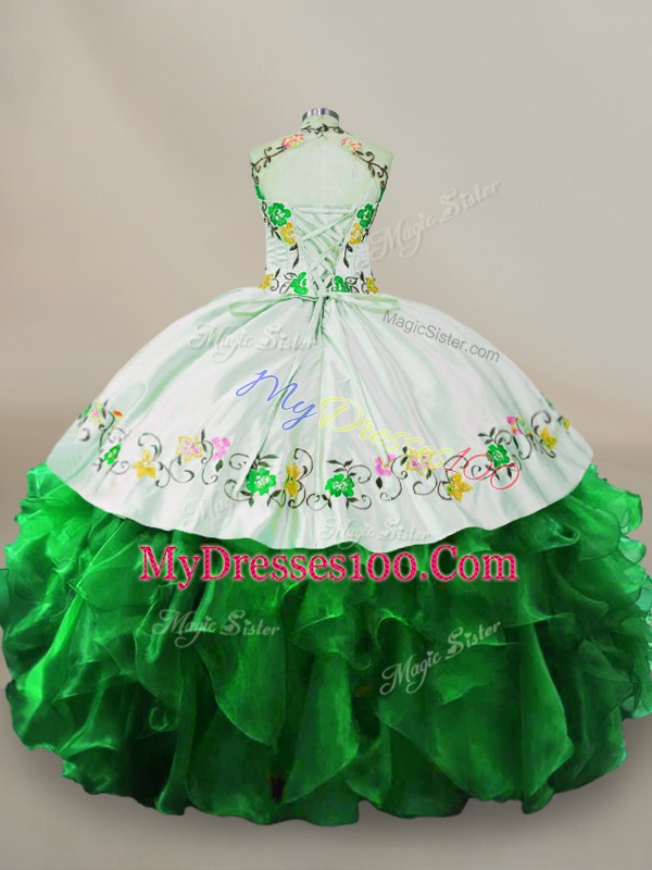 Customized Green Ball Gowns Embroidery and Ruffles Vestidos de Quinceanera Lace Up Organza Sleeveless Floor Length