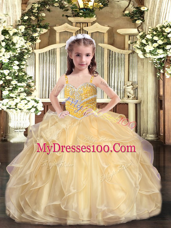 Gold Straps Neckline Beading and Ruffles Girls Pageant Dresses Sleeveless Lace Up