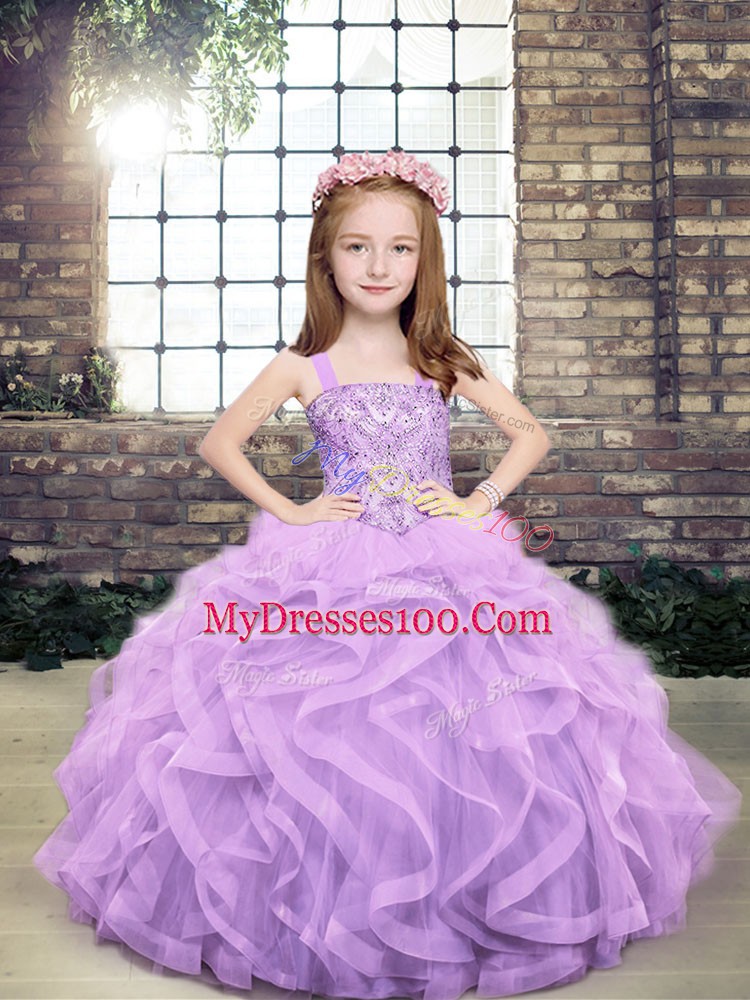 High Class Lavender Ball Gowns Tulle Straps Sleeveless Beading and Ruffles Floor Length Lace Up Kids Formal Wear
