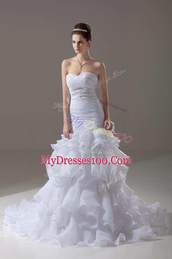 White Wedding Gown Wedding Party with Beading and Ruffled Layers Sweetheart Sleeveless Brush Train Lace Up