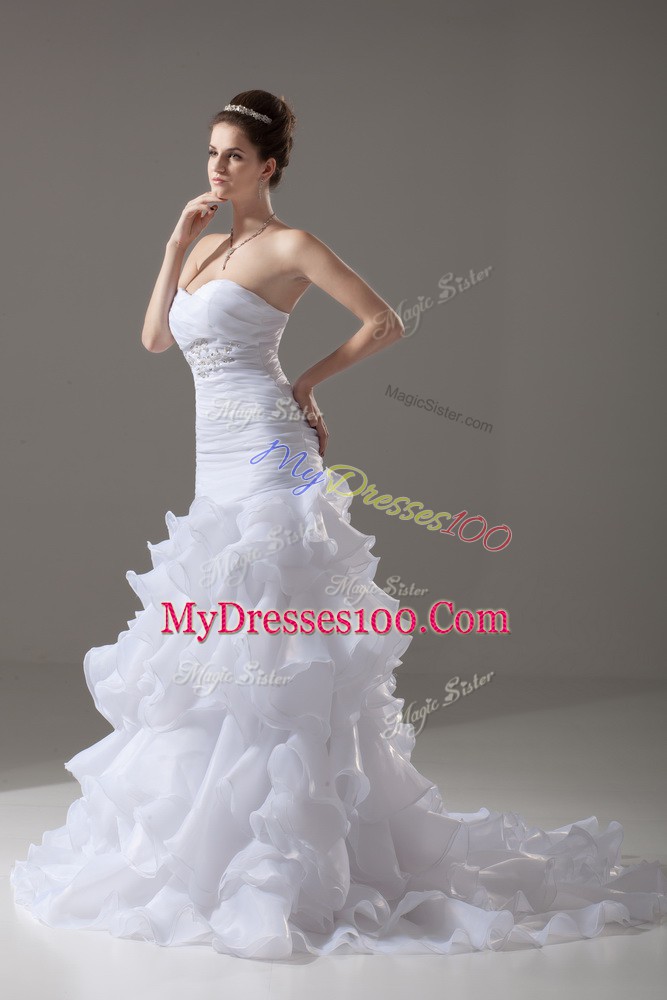 White Wedding Gown Wedding Party with Beading and Ruffled Layers Sweetheart Sleeveless Brush Train Lace Up