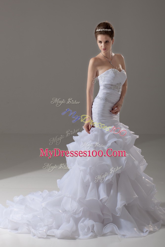 White Wedding Gown Wedding Party with Beading and Ruffled Layers Sweetheart Sleeveless Brush Train Lace Up