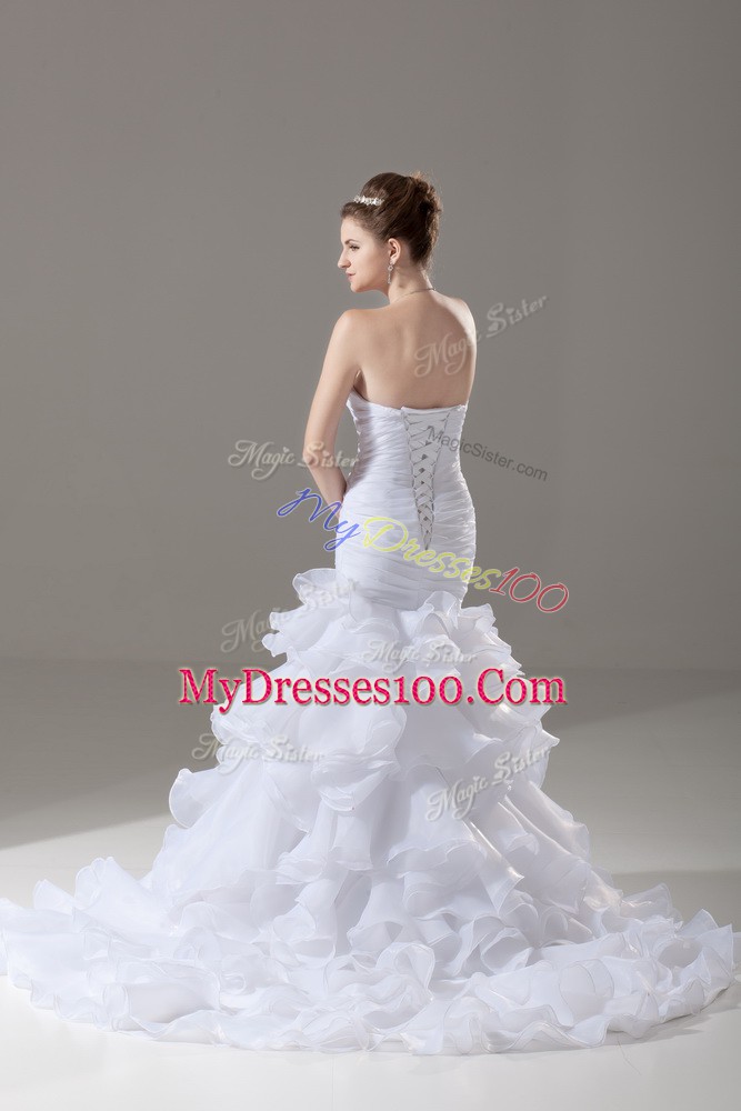 White Wedding Gown Wedding Party with Beading and Ruffled Layers Sweetheart Sleeveless Brush Train Lace Up