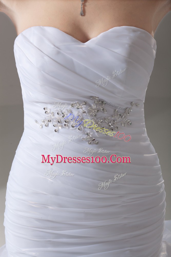 White Wedding Gown Wedding Party with Beading and Ruffled Layers Sweetheart Sleeveless Brush Train Lace Up