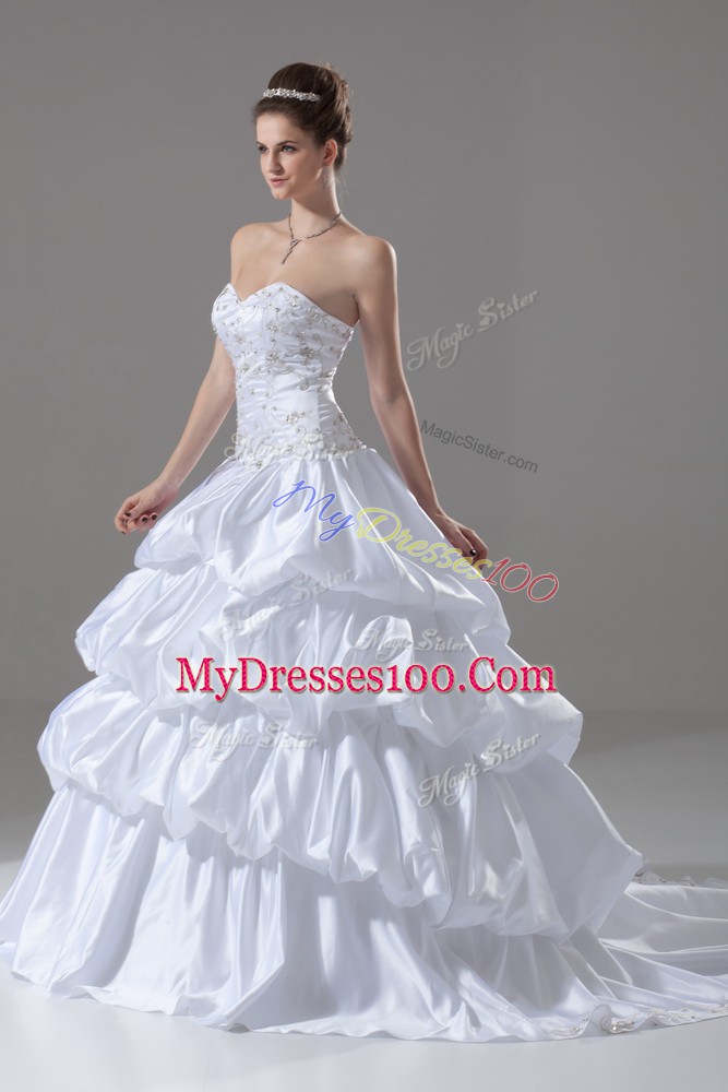 Sleeveless Taffeta Brush Train Lace Up Wedding Gown in White with Embroidery and Pick Ups