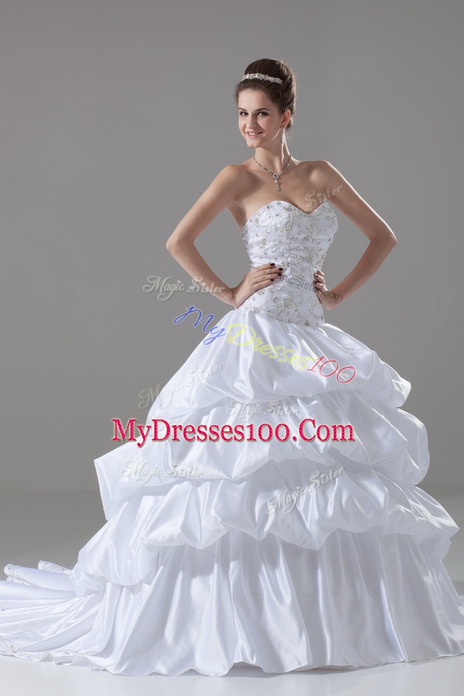 Sleeveless Taffeta Brush Train Lace Up Wedding Gown in White with Embroidery and Pick Ups