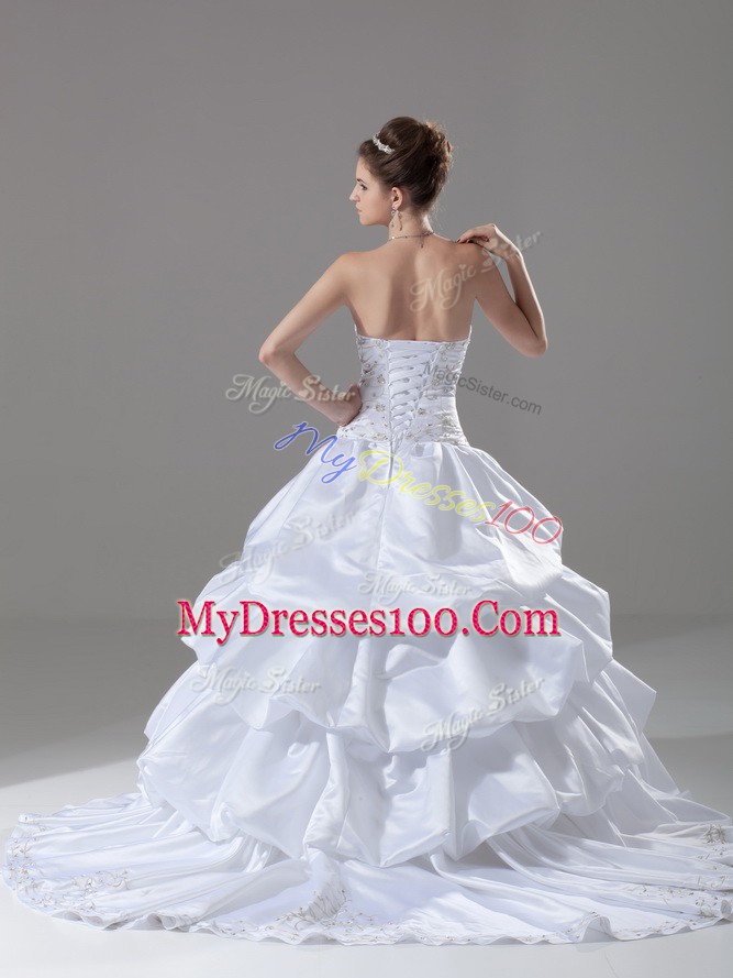 Sleeveless Taffeta Brush Train Lace Up Wedding Gown in White with Embroidery and Pick Ups