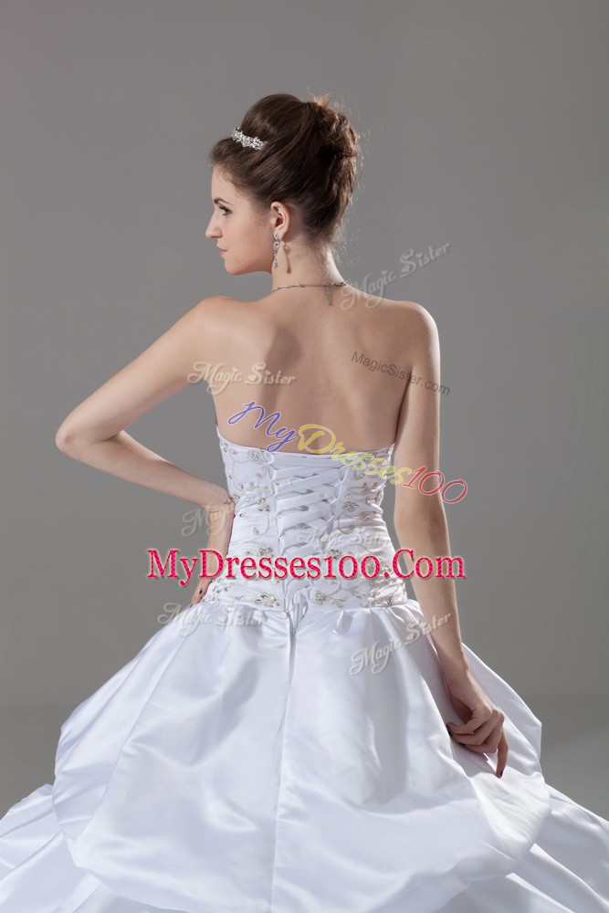 Sleeveless Taffeta Brush Train Lace Up Wedding Gown in White with Embroidery and Pick Ups