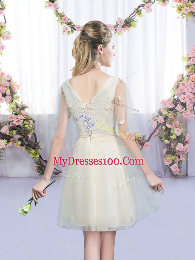Champagne Sleeveless Tulle Lace Up Bridesmaids Dress for Wedding Party