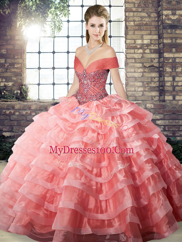 High End Organza Sleeveless Sweet 16 Quinceanera Dress Brush Train and Beading and Ruffled Layers