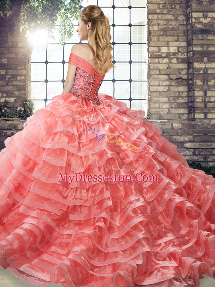 High End Organza Sleeveless Sweet 16 Quinceanera Dress Brush Train and Beading and Ruffled Layers