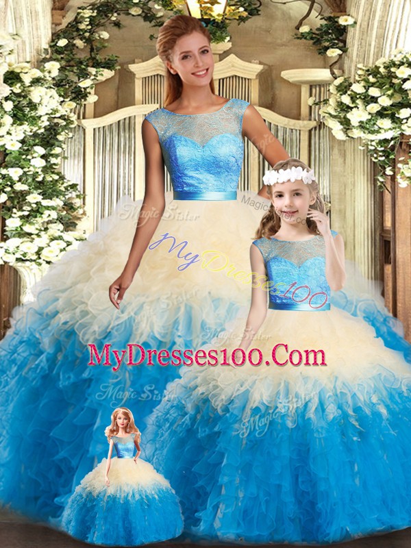 Lace and Ruffles 15th Birthday Dress Multi-color Backless Sleeveless Floor Length