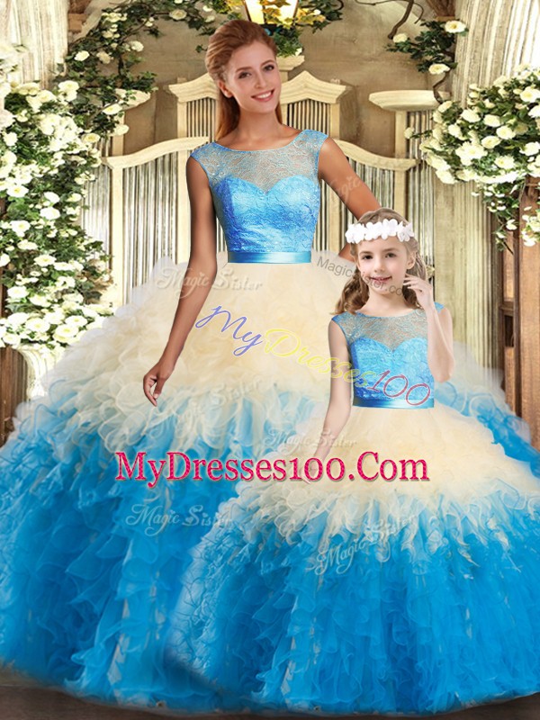 Lace and Ruffles 15th Birthday Dress Multi-color Backless Sleeveless Floor Length