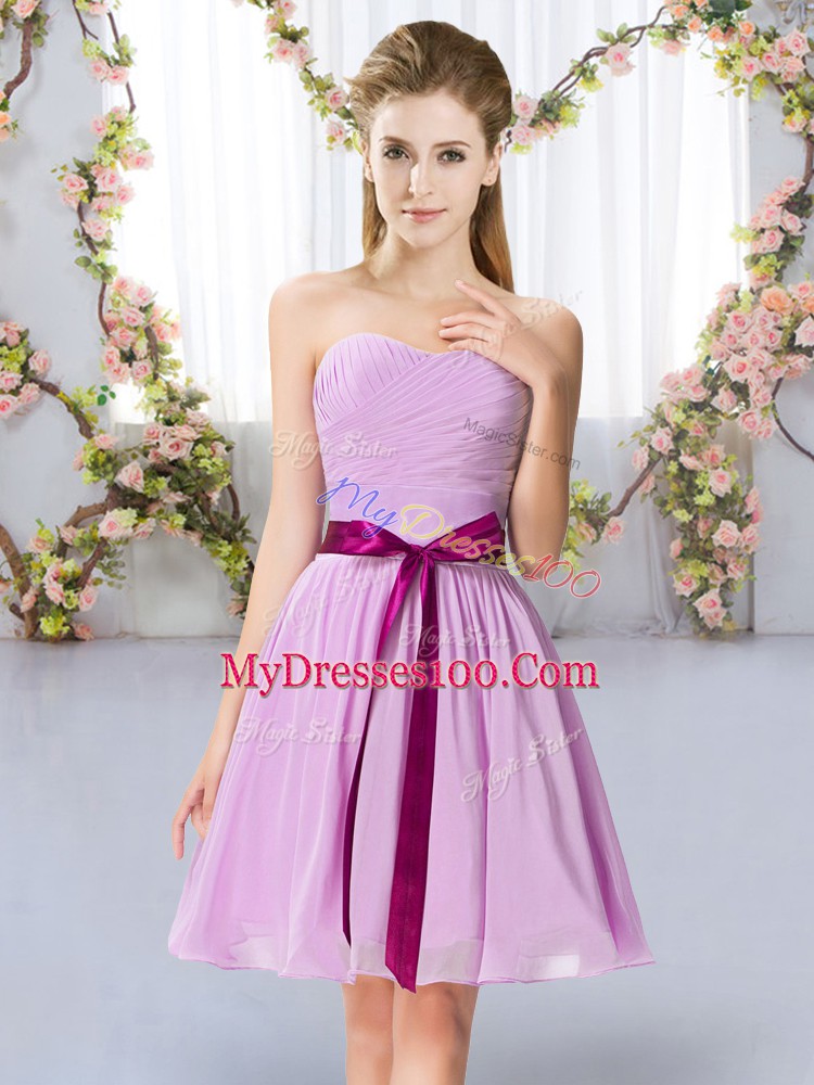 Shining Sweetheart Sleeveless Wedding Guest Dresses Mini Length Belt Lavender Chiffon