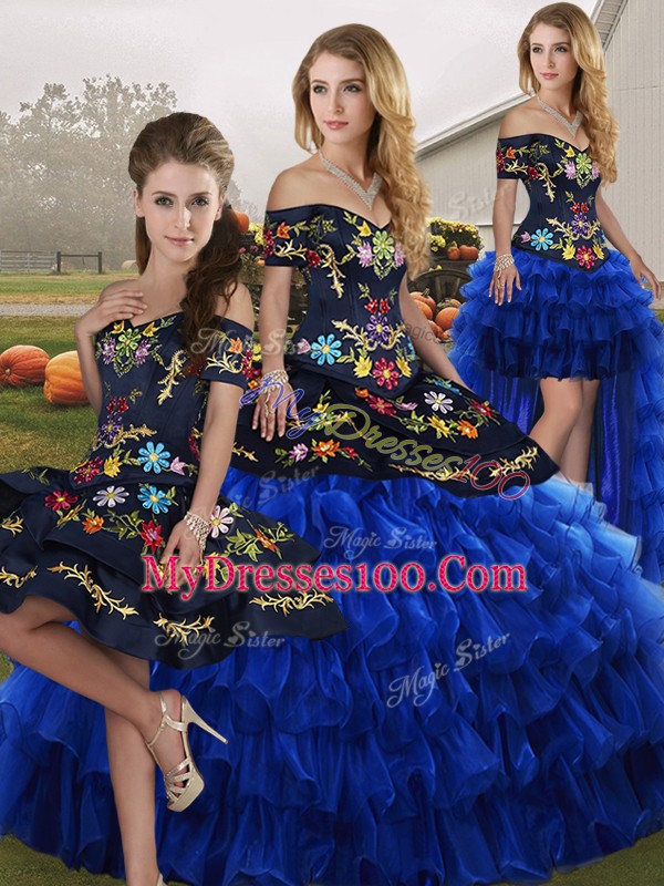 Romantic Blue And Black Sleeveless Organza Lace Up Quinceanera Gown for Military Ball and Sweet 16 and Quinceanera