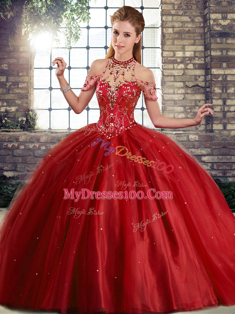 Inexpensive Wine Red Sweet 16 Dress Tulle Brush Train Sleeveless Beading