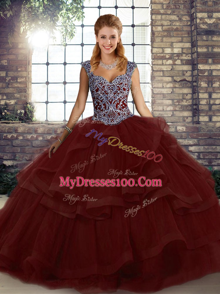 Hot Selling Floor Length Burgundy Vestidos de Quinceanera Straps Sleeveless Lace Up